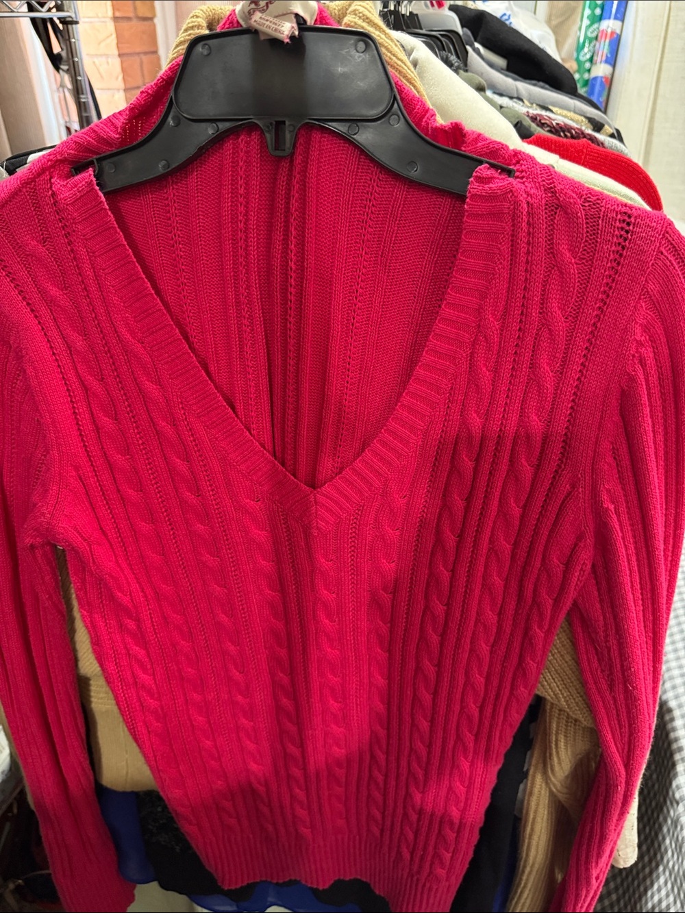 Women's V-Neck Cable Knit Sweater - Hot Pink